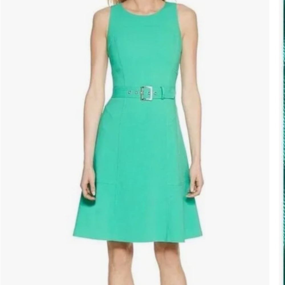 White House Black Market julip/mint green belted fit and flare dress.